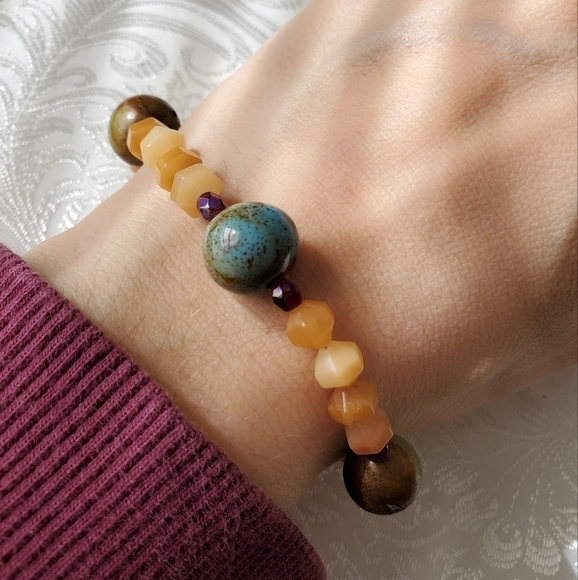 PAIR of Bracelets Hand Made Green Orange Beige Tan Beaded Wire Boho Unique Artsy - Picture 11 of 13